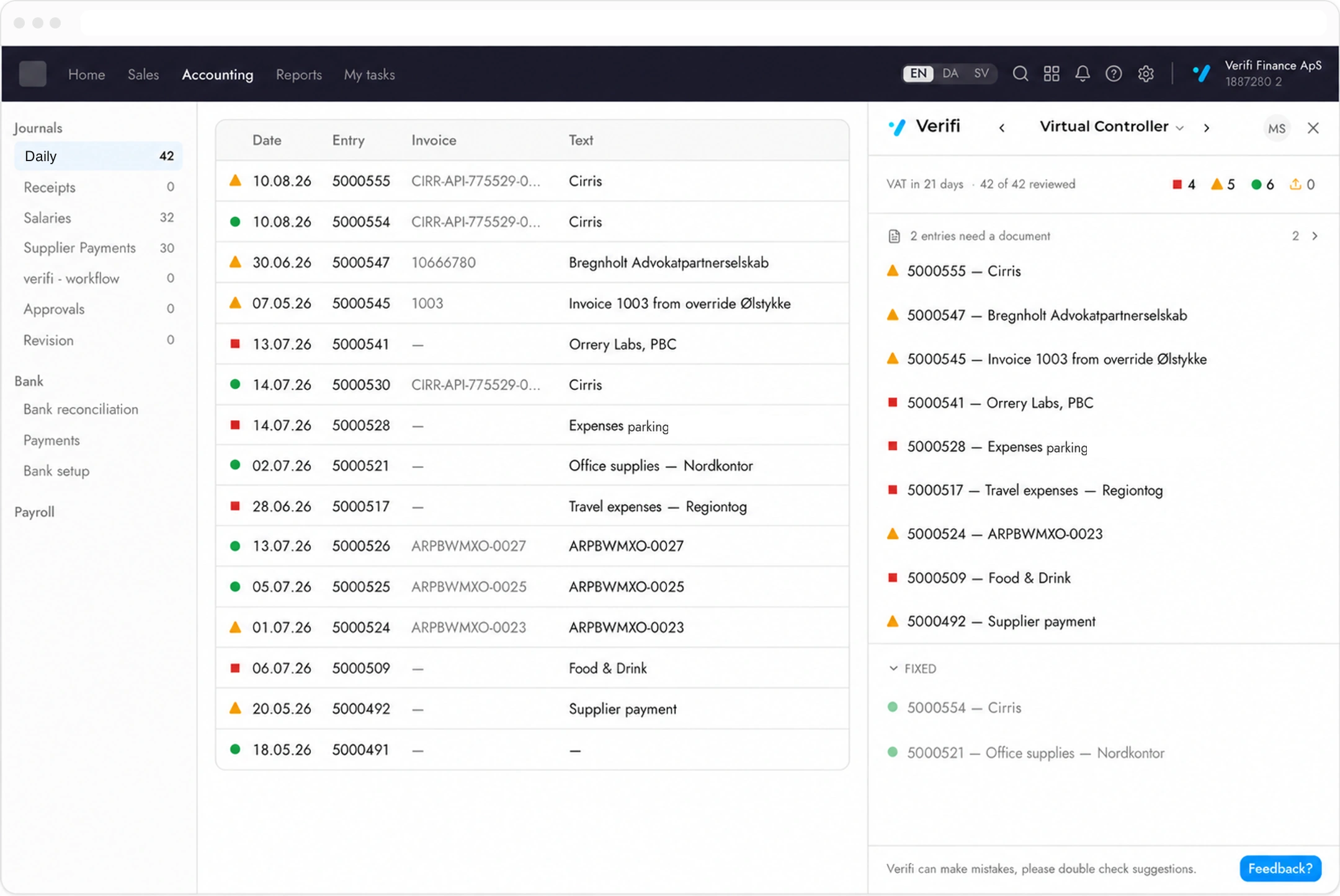 The Verifi panel docked beside the daybook in e-conomic, listing the entries that need attention.