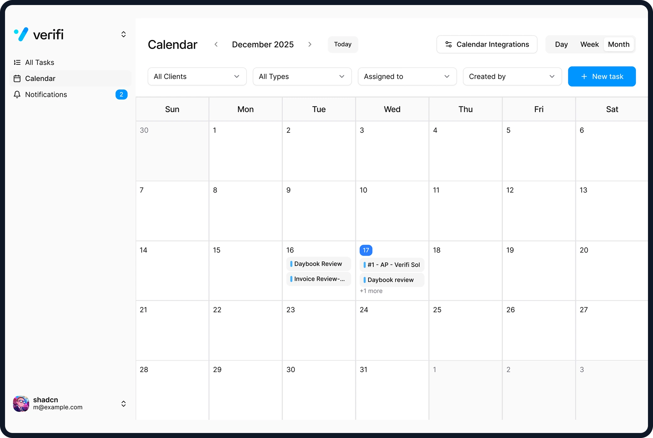 Verifi Calendar Dashboard